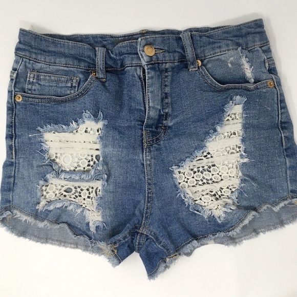Pants - High Waist Jeans Denim Shorts Lace Crochet Fray 29